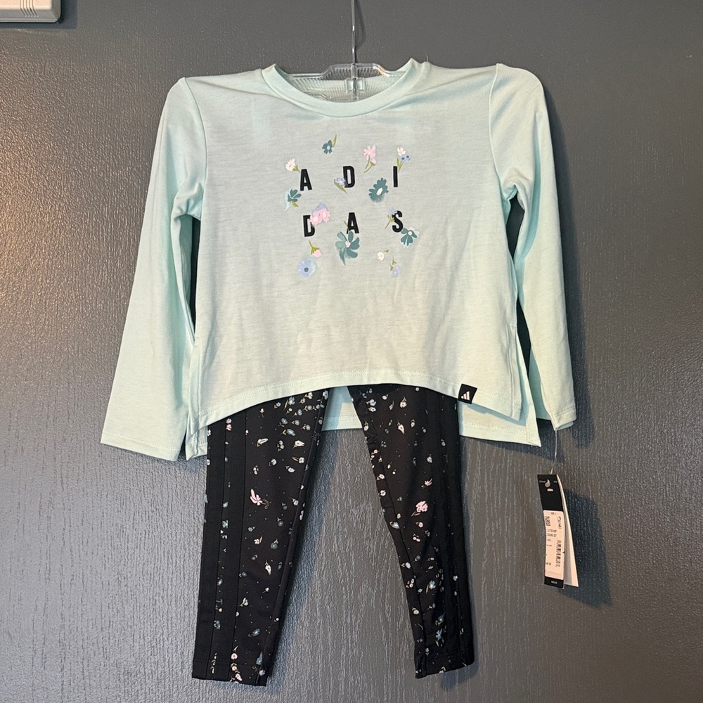adidas Mint Long Sleeve Top with Black Floral Logo Leggings